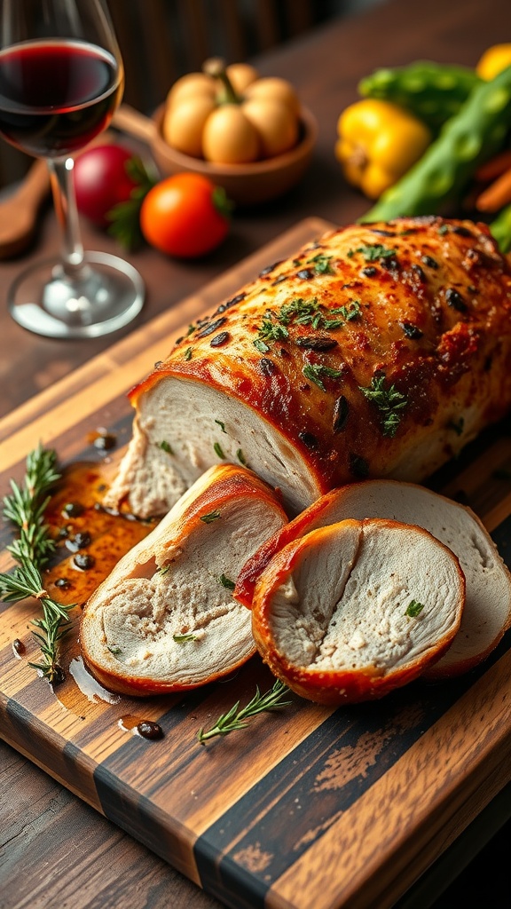 Sliced herb-roasted pork loin on a cutting board, garnished with herbs, alongside seasonal vegetables.